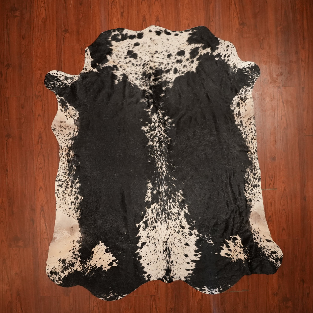 Nguni hide rug in cream-speckled black, 219 x 191 cm, genuine Nguni cow hide