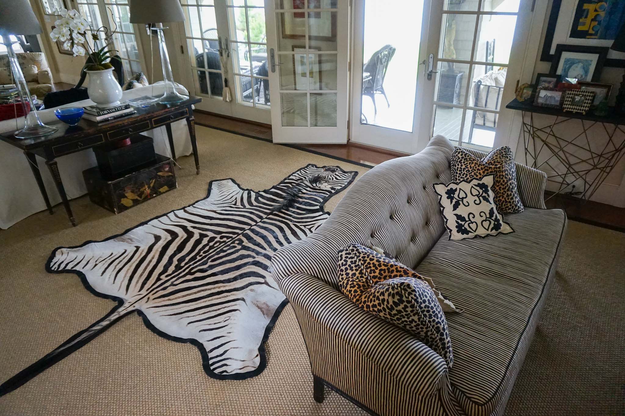 Zebra Hide Rug in a lounge area 