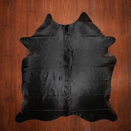 Solid Jet Black cow hide rug, 204 x 197 cm, genuine cowhide