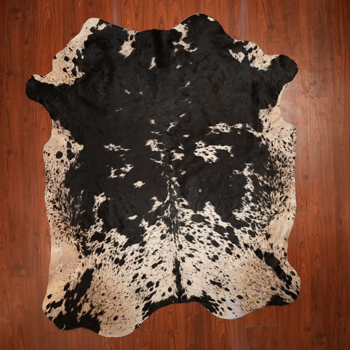 Nguni hide rug in ink-splashed black, 231 x 187 cm, genuine Nguni cow hide