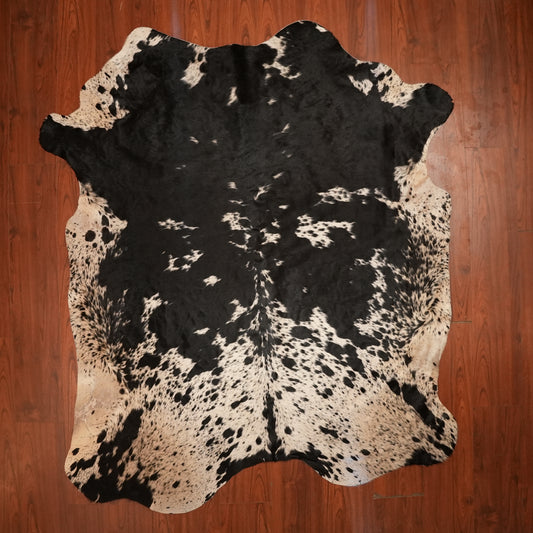 Nguni hide rug in ink-splashed black, 231 x 187 cm, genuine Nguni cow hide