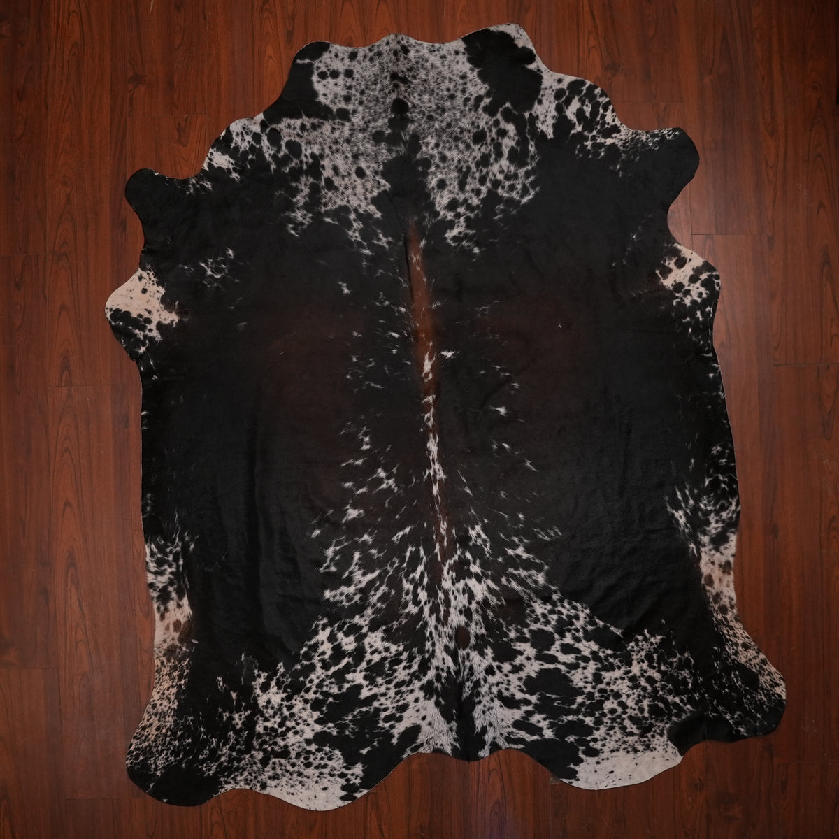 Nguni hide rug in dark speckled tri-colour, 228 x 200 cm, genuine Nguni cow hide